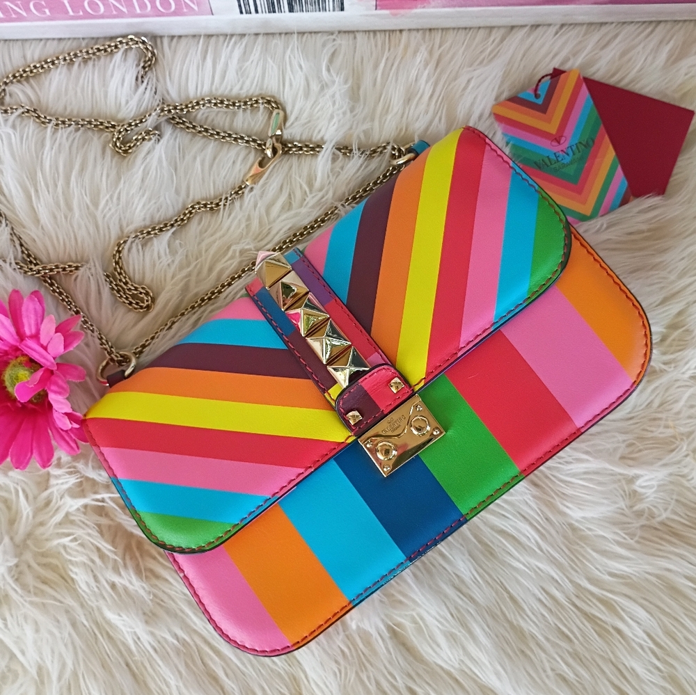 Valentino Garavani 1973 Rainbow Striped Medium Glam Lock Rockstud Shoulder Bag